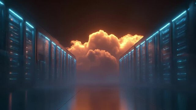 Long rows of blue-lit server racks flank a dim corridor; a soft mist pools on the glossy floor as orange clouds glow behind, creating a cinematic, futuristic data-center mood with neon cues