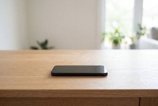 Smartphone nero appoggiato su tavolo in legno con sfondo luminoso e piante sfocate. Scena minimalista che evoca tecnologia moderna, lifestyle naturale e semplicit&agrave; visiva.