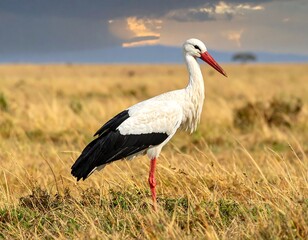 Fototapeta premium A stork stands alone in a vast savannah landscape