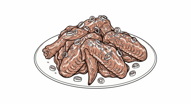 Pile of cooked chicken wings with onion rings and seeds on a plate
