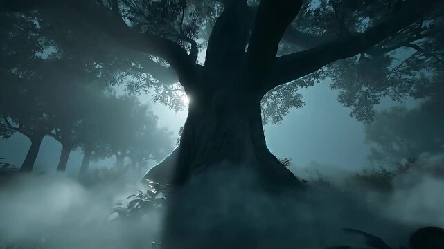 An eerie, misty forest scene centered on a colossal ancient tree. Fog swirls around roots as blue light filters through the branches, creating a tranquil, otherworldly atmosphere tonight