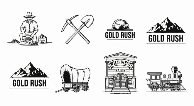Vintage gold rush era illustrations with prospector, tools, wagon, train, mountains