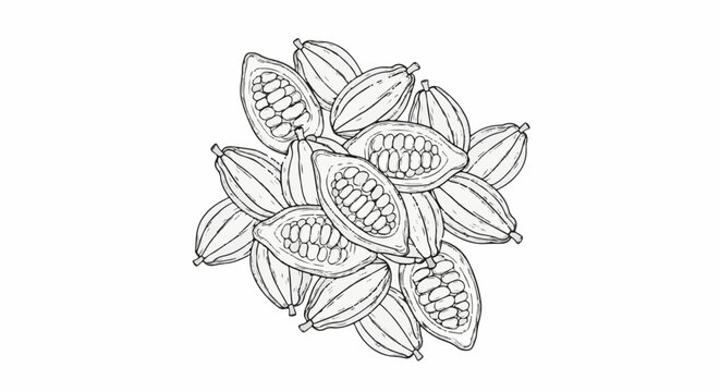 Pile of cacao pods, some halved, revealed in sketch style