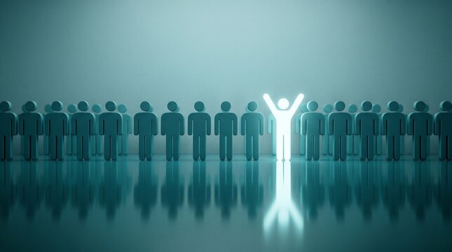 Individuality and Brilliance: In a sea of figures, a solitary form radiates with luminous energy, arms raised in a gesture of triumphant individuality and boundless potential.