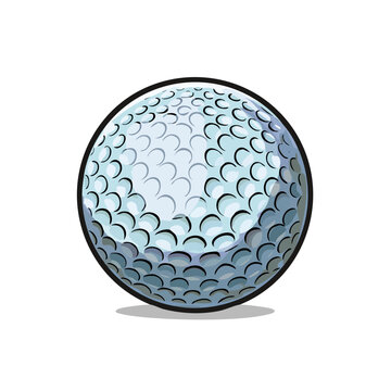 Detailed close up illustration of a dimpled white golf ball with a black outline and shadow