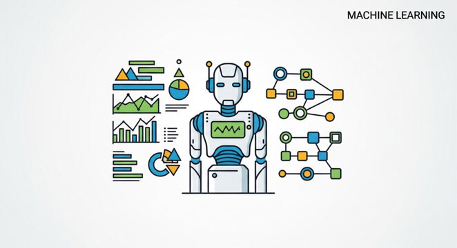 Artificial intelligence robot with data charts and network diagrams.