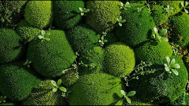 Close up of vibrant green moss and small plants creating natural textured ground cover