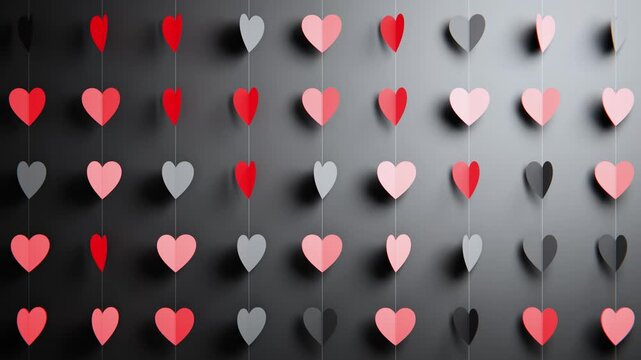 Rows of hanging paper hearts for Valentine's Day background. Endless seamless loop.