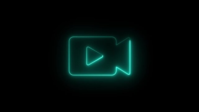 Neon glowing video camera icon with play button symbol on black background, live steaming concept with camera and play button icon on black background, Cayan color camera icon  animation video.