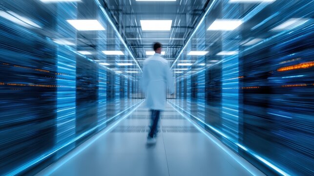 Modern supercomputer server room with blue led lights and blurred researcher in lab coat walking past racks, high speed infrastructure for health data analytics and artificial intelligence computing.