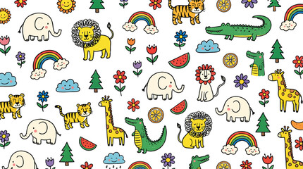 Obraz premium Whimsical illustration with various animals and plants, a vibrant pattern of a jungle or safari themed illustration