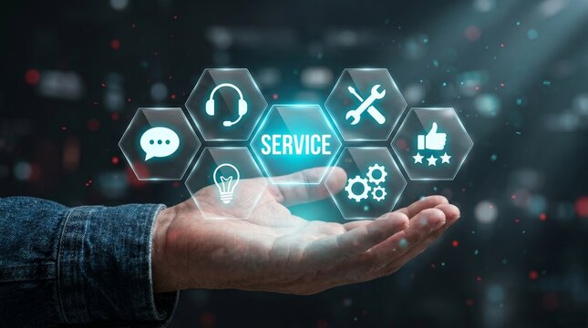 Service Excellence in Hand: A supportive hand cradles a series of luminous service icons. The hand symbolizes support and assistance. The icons depict different facets of service excellence.