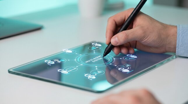 Hand developing multi-agent AI system on transparent digital tablet.