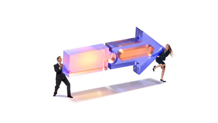 Business people carrying large directional arrow showing movement change and strategic transition....