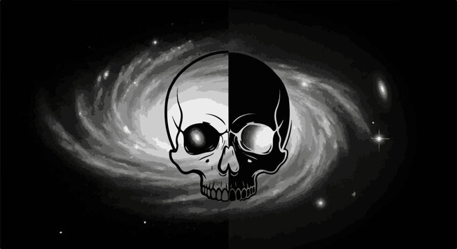 Bisection skull merges with swirling galaxy in stark monochrome