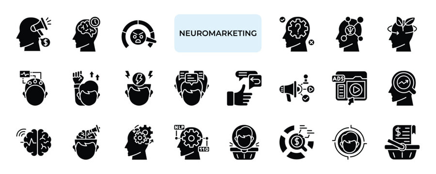 Neuromarketing Icon set Collection in Solid Glyph Style. consumer, behavior, brain, activity, emotion, decision, psychology