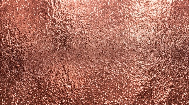 Textured Surface of Shimmering Rose Gold Foil with Iridescent Light Reflection and Sparkles