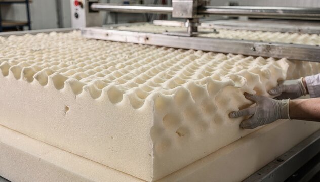 Medium shot capturing the production of convoluted top foam mattress cores highlighting the textured surface being carefully molded for improved ventilation and pressure relief.