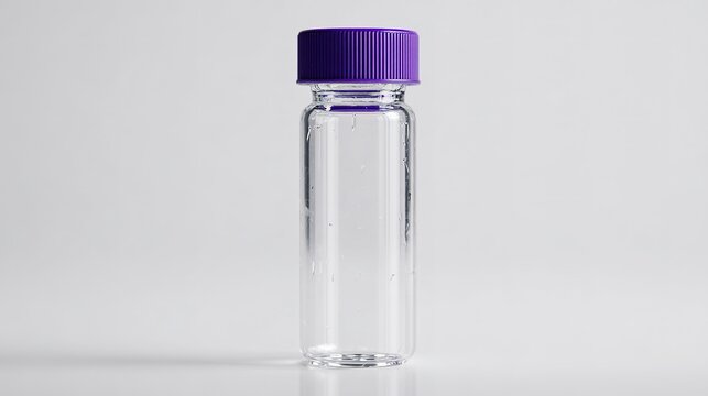 Clear glass vial with purple lid, standing upright against a plain white background.