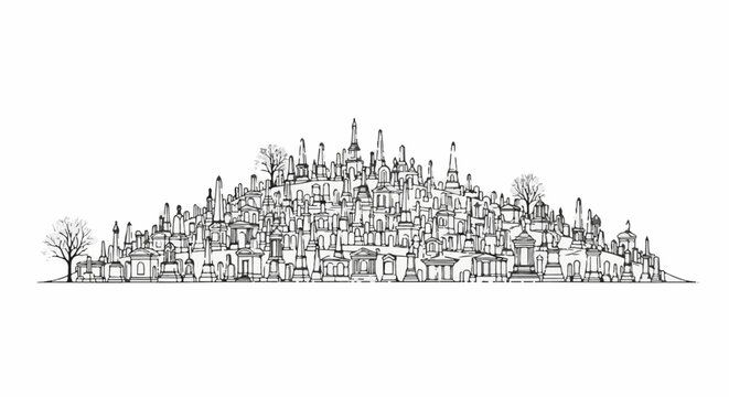 A densely packed, illustrated landscape of various mausoleums, tombs, and monuments