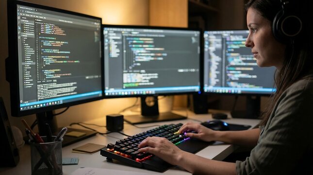 A female programmer wearing headphones works intently on her computer with three monitors displaying coding screens in a dimly lit room.
