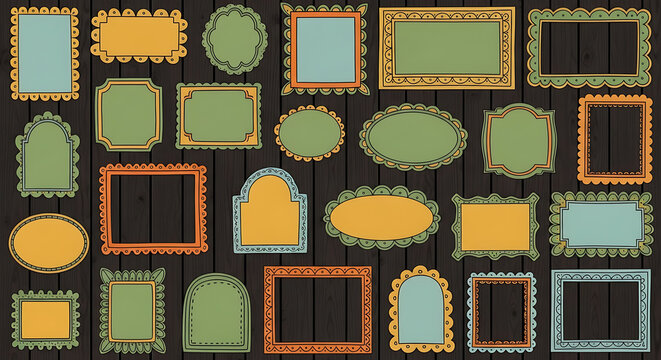 Collection of Ornate Hand-Drawn Decorative Photo Frames and Borders on Wooden Background