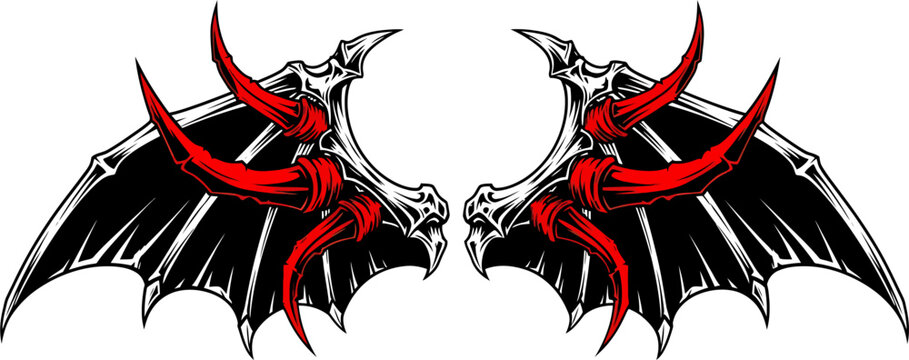 Striking Vector Illustration of Demonic Bat Wings with Skeletal Details and Red Horns, a Powerful Graphic Element for Fantasy and Gothic Designs