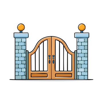 Ornate double entry gates with decorative stone pillars and ball finials on a clean white background