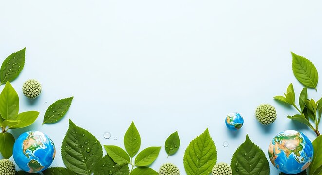 Green leaves border with small earth globes environmental background