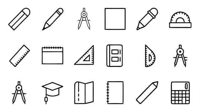 Collection of white outline icons for school stationery items like a pencil and a ruler arranged on a solid black background for materials.