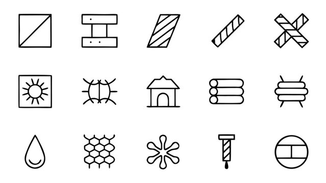 Sixteen thin stroke white outline icons representing fundamental steel industry symbols and structural metal beam cross sections on black.