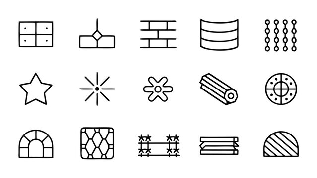 Twenty minimalist white vector line icons illustrating heavy industry steel products and mechanical parts organized in a structured grid.