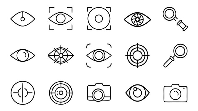 Eighteen grey outline icons showing eyes and magnifying glasses with zoom controls and a braille chart on a dark background in rows.