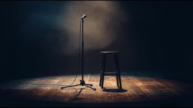 Empty stage with microphone stand and wooden stool under spotlight in dark performance space