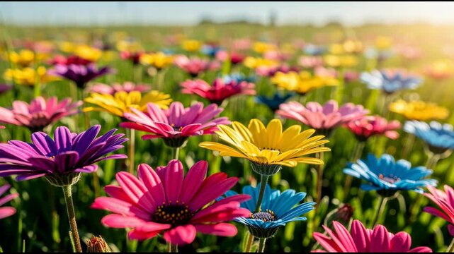 Colorful daisies blooming in a sunny vibrant flower field with bright petals and green stems