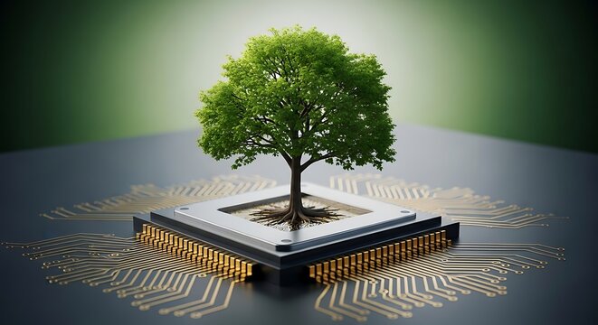 Pohon Hijau Tumbuh di Atas Chip Komputer Teknologi Hijau