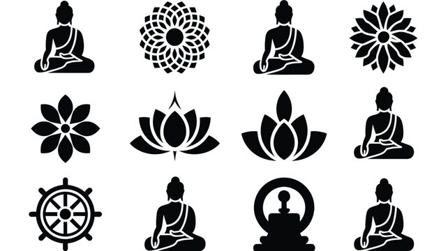 Minimalist vector icons featuring buddha statues lotus flowers and symbolic mandalas in black and white for spiritual design