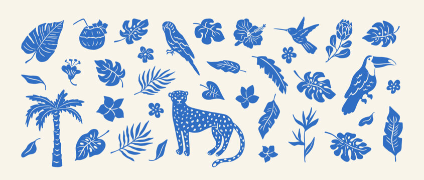 Set of tropical summer elements. Hand drawn palm tree, leopard, tropical leaves, flowers, toucan, exotic plants, parrot. Vintage blue nature silhouettes. Vector illustration.