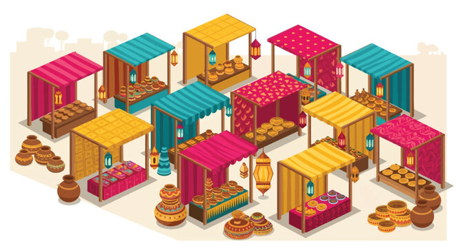 Isometric Middle Eastern market stalls with traditional lanterns and pottery, colorful Arabic bazaar vector set, Ramadan night market illustration