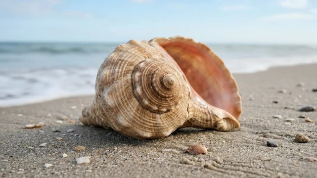Close-up of a conch shell, smooth spirals, sandy tones, fine ridges, soft coastal light and a peaceful exploratory mood inspired by the sea, ultra-realistic, no logos.