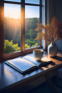 Taccuino aperto, tazza fumante e vaso di fiori su tavolo davanti a una finestra con vista sulle colline. Scena cozy che evoca relax, ispirazione e contatto con la natura.