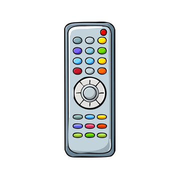 Colorful remote control device with numerous buttons for electronics and entertainment