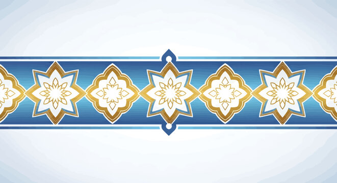Islamic geometric border vector, blue and gold arabic pattern divider, ornamental middle eastern floral frame for ramadan and eid invitations