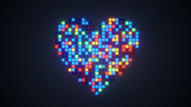 Colorful glowing pixels forming a beating heart shape, creating a perfect seamless loop background.