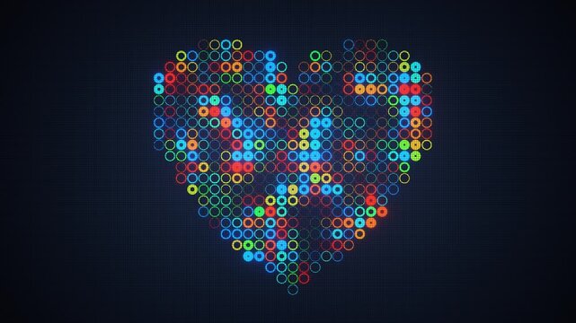 Abstract heart shape made of colorful glowing rings shimmering on a dark blue background. Seamless loop.