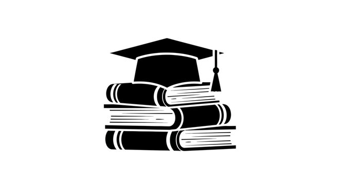 Stack of Books with Graduation Cap Icon in Black and White