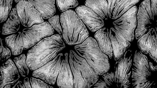 Black and white abstract liquid metal flower pattern formation