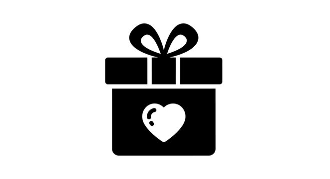 Black Gift Box Icon with Heart Symbol and Bow