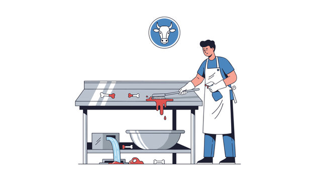 Sanitary maintenance at meat processing plant showing worker cleaning metal workstation with spray bottle and brush to ensure food safety and hygiene standards in professional kitchen environment.