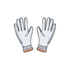 Pair of cartoon white work gloves with orange cuff detail, open hands, isolated graphic illustration
